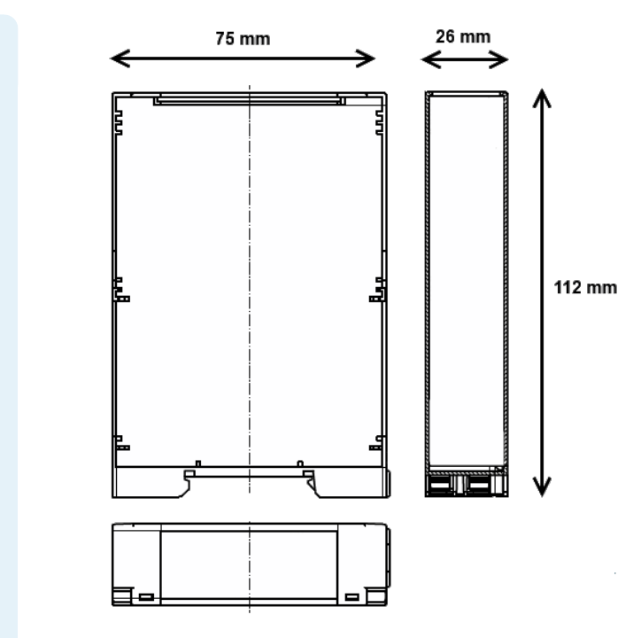 Mechanical drawing showing front, side, and top-down views of the HG1v4 enclosure with overall dimensions 75 mm wide, 26 mm deep, 112 mm tall.