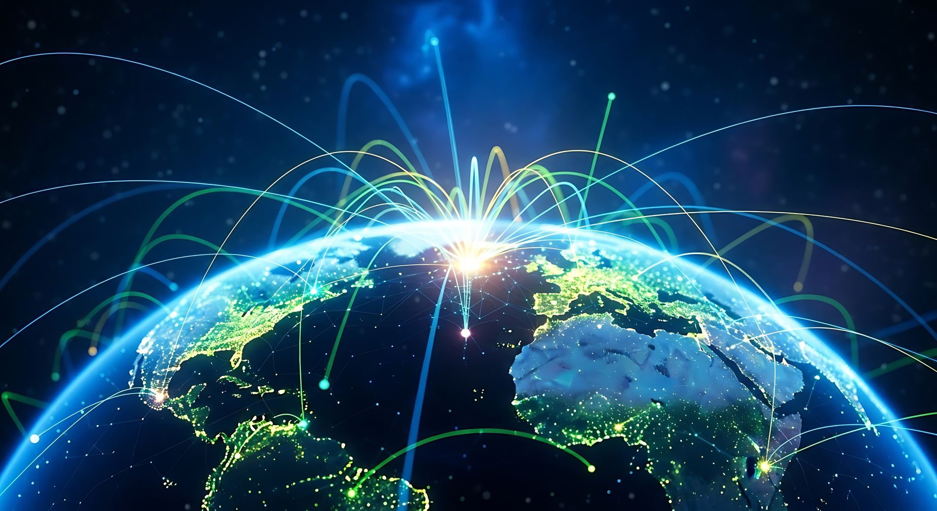 Glowing globe at night with green and blue connection arcs radiating worldwide, illustrating the gateway's remote-access reach.